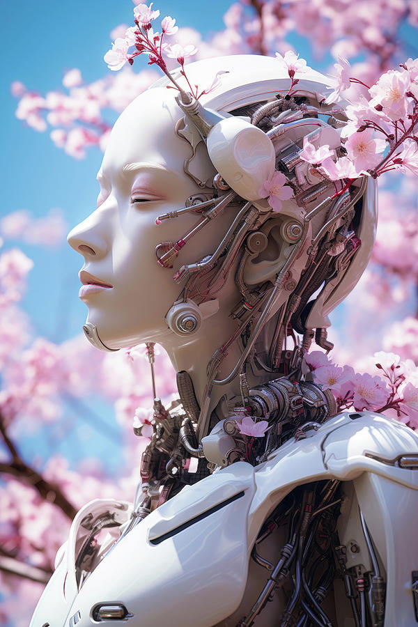 Floral Cyborg Head 08 Cherry Blossom Digital Art by Matthias Hauser
