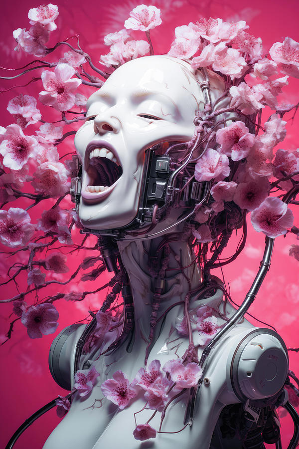 Floral Cyborg Head 13 Pink Joy Digital Art by Matthias Hauser