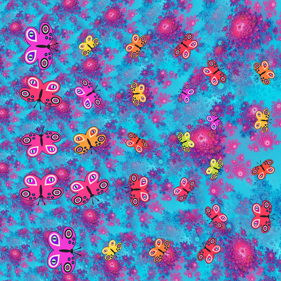 Floral Decorative Ornamental Pink Blue Pattern With Butterflies Digital Art
