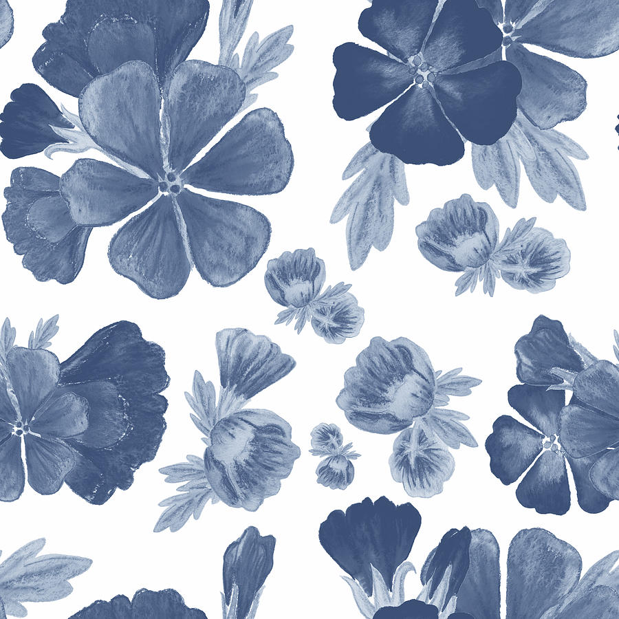 Floral Design With Indigo Blue Monochrome Flowers Pattern Painting by Irina Sztukowski
