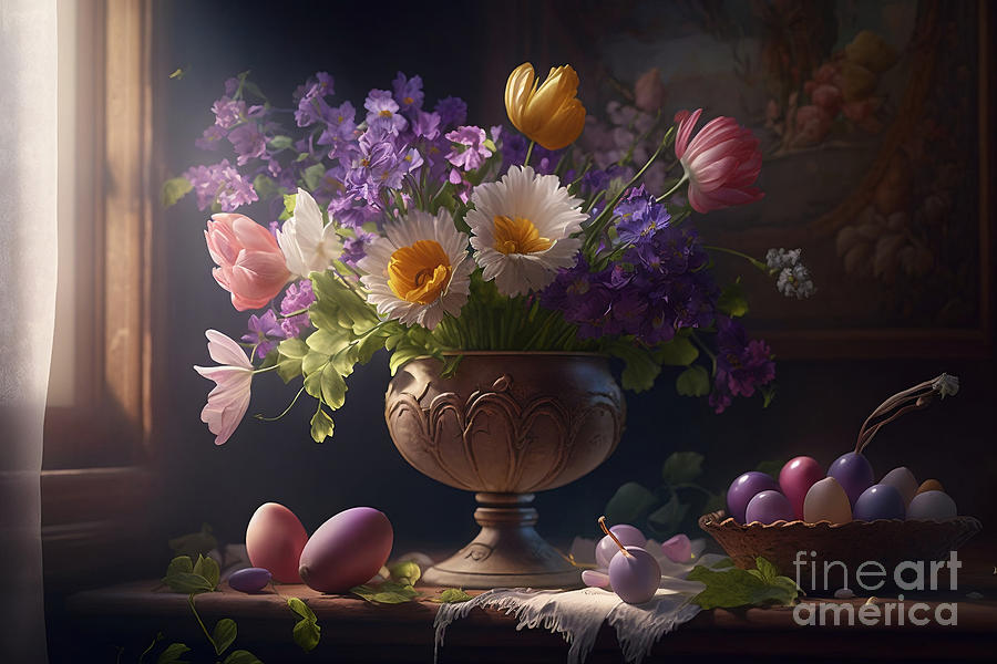 Easter Digital Art - Floral Elegance, Photorealistic Easter Flower Arrangement in Full Bloom by Jeff Creation