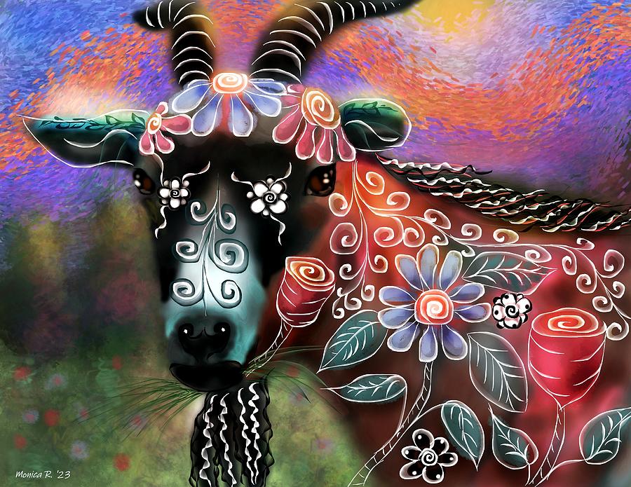 Floral Goat Painting by Monica Resinger