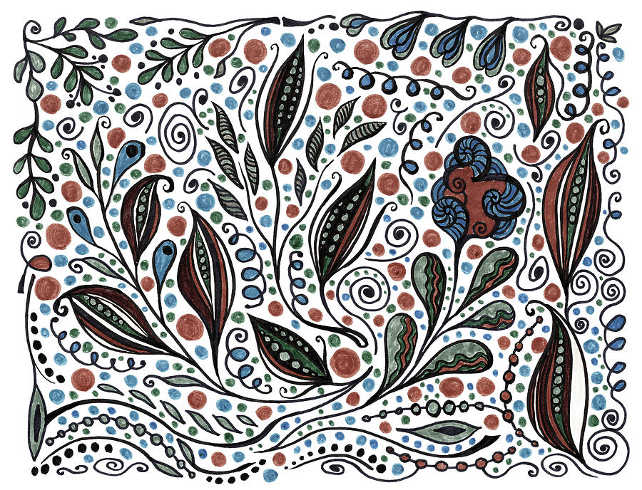 Floral Leaves And Berries Art Pattern In Brown Green And Blue Painting by Irina Sztukowski
