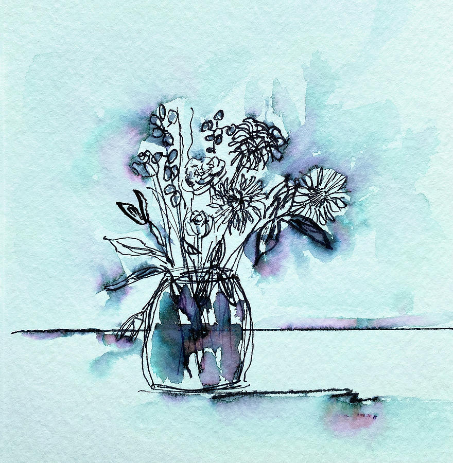 Floral Line And Wash Painting by Deborah League