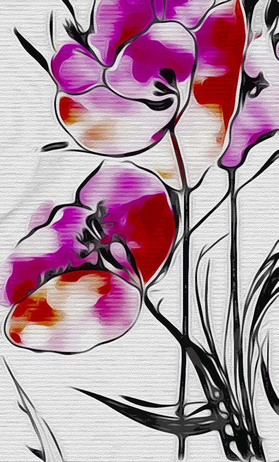 Floral Line Art - magenta and orange Painting by Bonnie Bruno