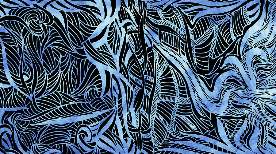 Floral Magic Of Leaves Cool Blue Organic Doodles Design I Painting