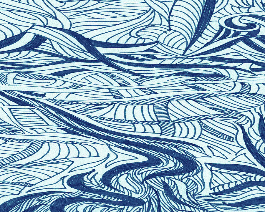 Floral Magic Of Leaves Cool Blue Organic Doodles Design II Painting by Irina Sztukowski