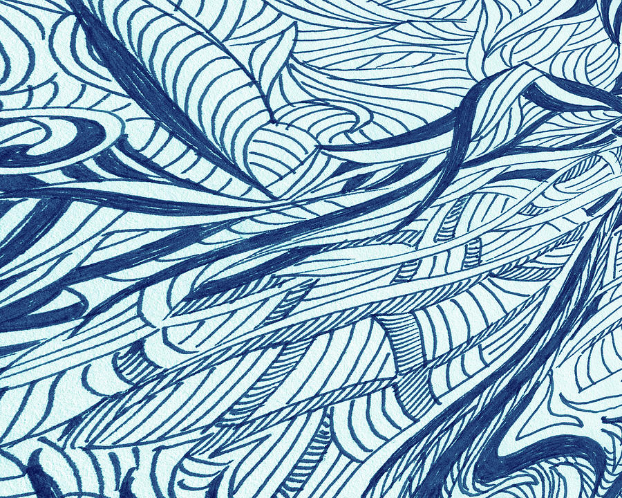 Floral Magic Of Leaves Cool Blue Organic Doodles Design III Painting by Irina Sztukowski