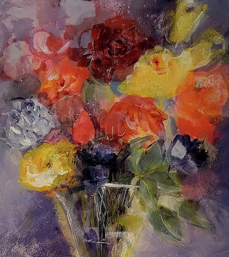 Floral Of Red and Yellow on Smokey Plum Painting by Lisa Kaiser