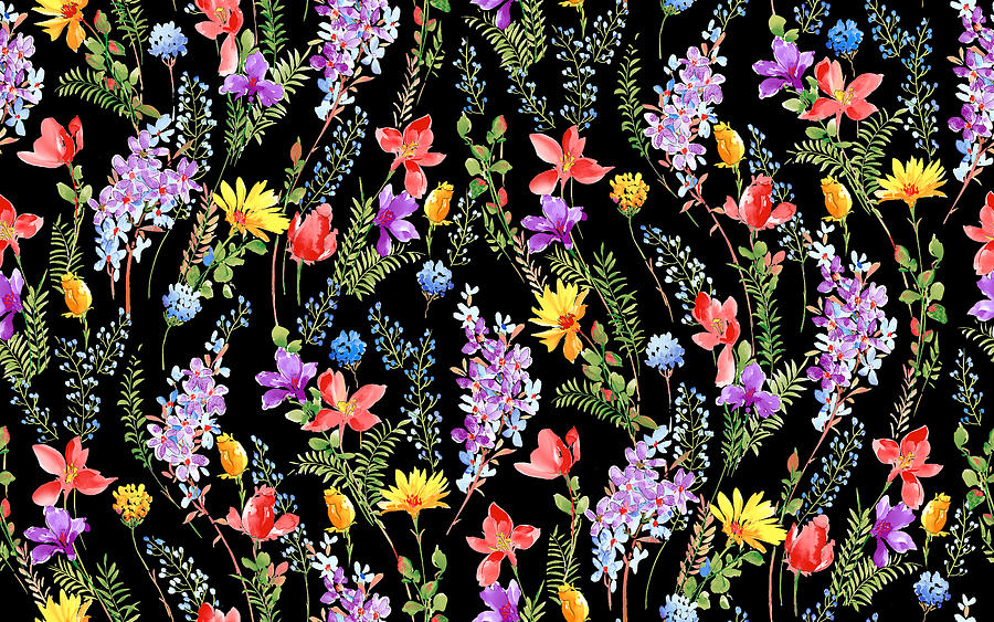 Floral Pattern On Black Background Drawing