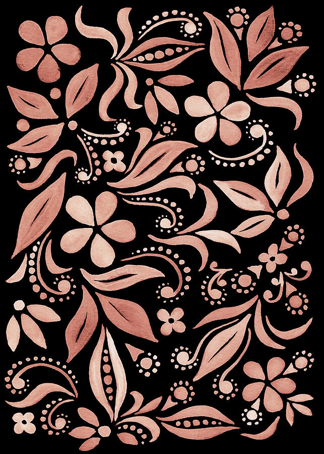 Floral Pattern With Flowers And Leaves On Black Bronze Watercolor Painting