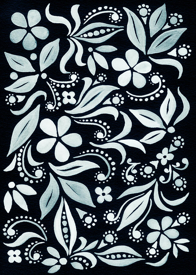 Floral Pattern With Flowers And Leaves On Black Cool Silver Watercolor Painting
