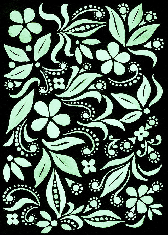 Floral Pattern With Flowers And Leaves On Black Emerald Green Watercolor Painting