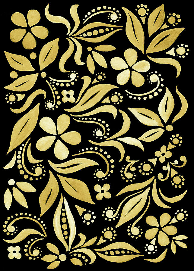 Floral Pattern With Flowers And Leaves On Black Golden Yellow Watercolor Painting