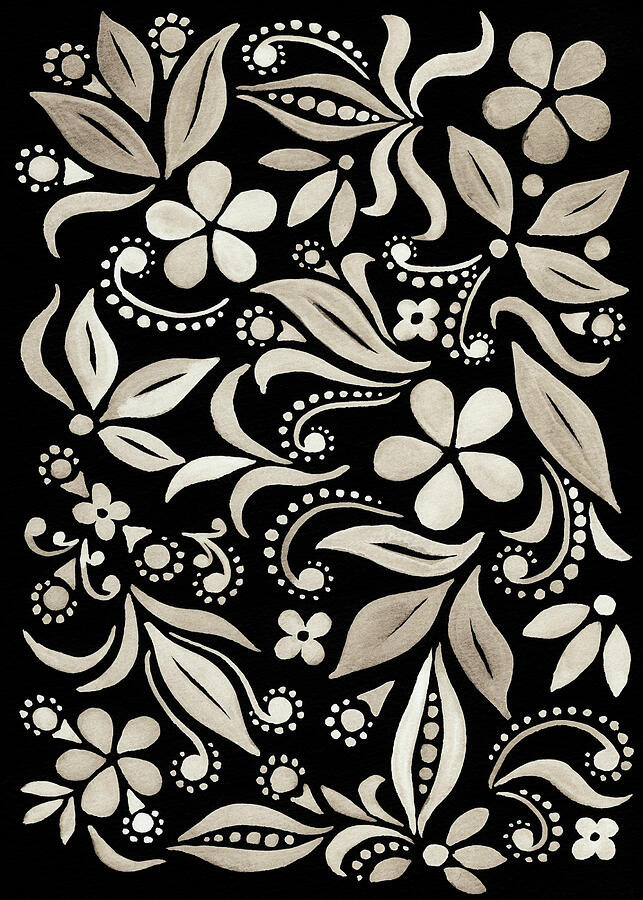 Floral Pattern With Flowers And Leaves On Black Silver Gray Watercolor Painting