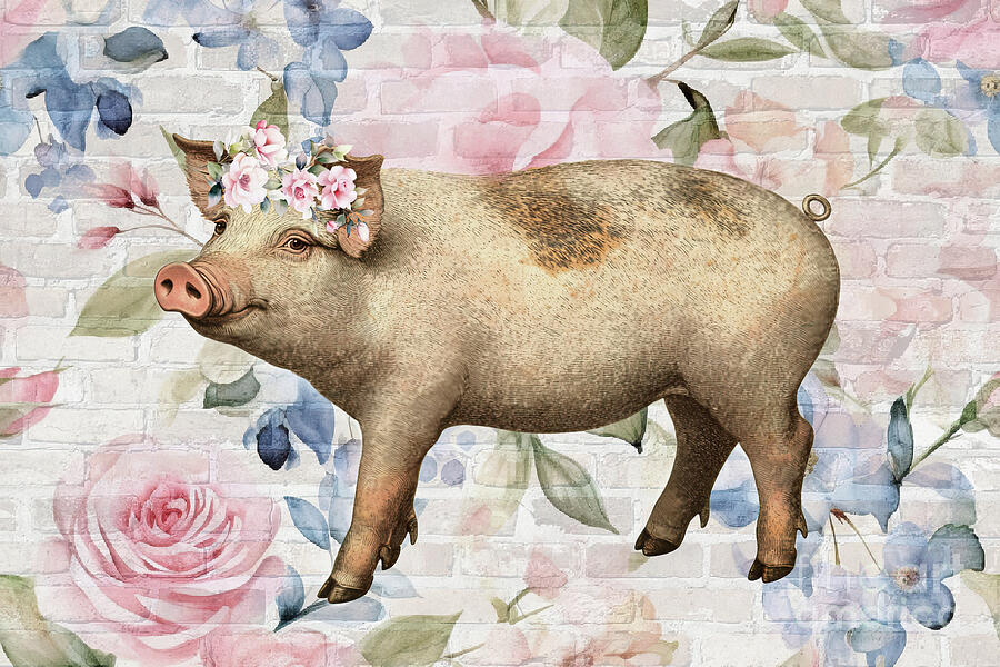 Floral Piggy Mixed Media by Tina LeCour Floral Piggy Mixed Media by Tina LeCour