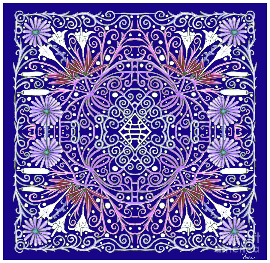 Floral Purple on Navy Blue Design with White and Purple Flowers Mixed Media by Lise Winne