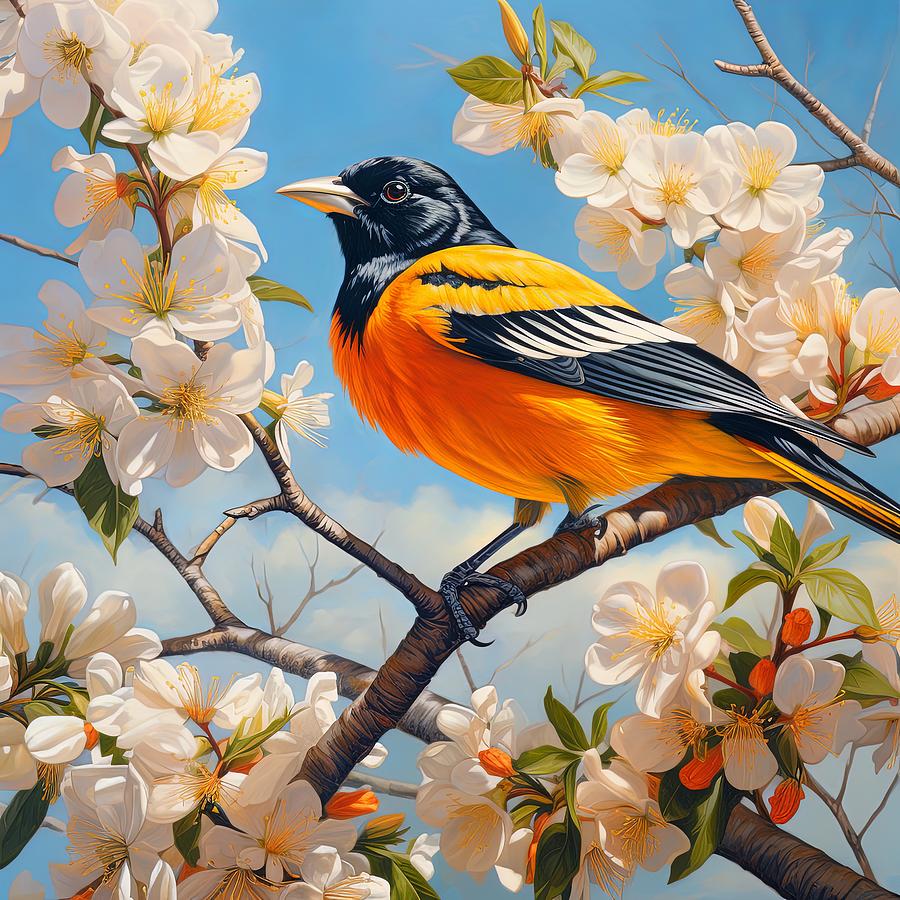 Baltimore Orioles Painting - Floral Radiance - Baltimore Oriole in Bloom by Lourry Legarde