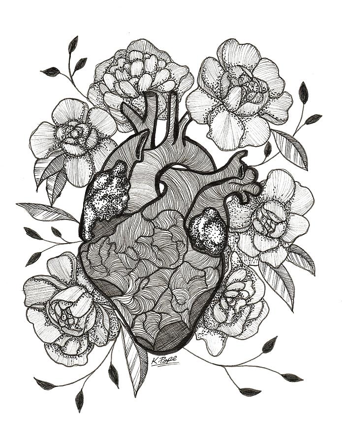 Floral Resilience Autonomically Correct Heart BW Mixed Media by Kenneth Pope