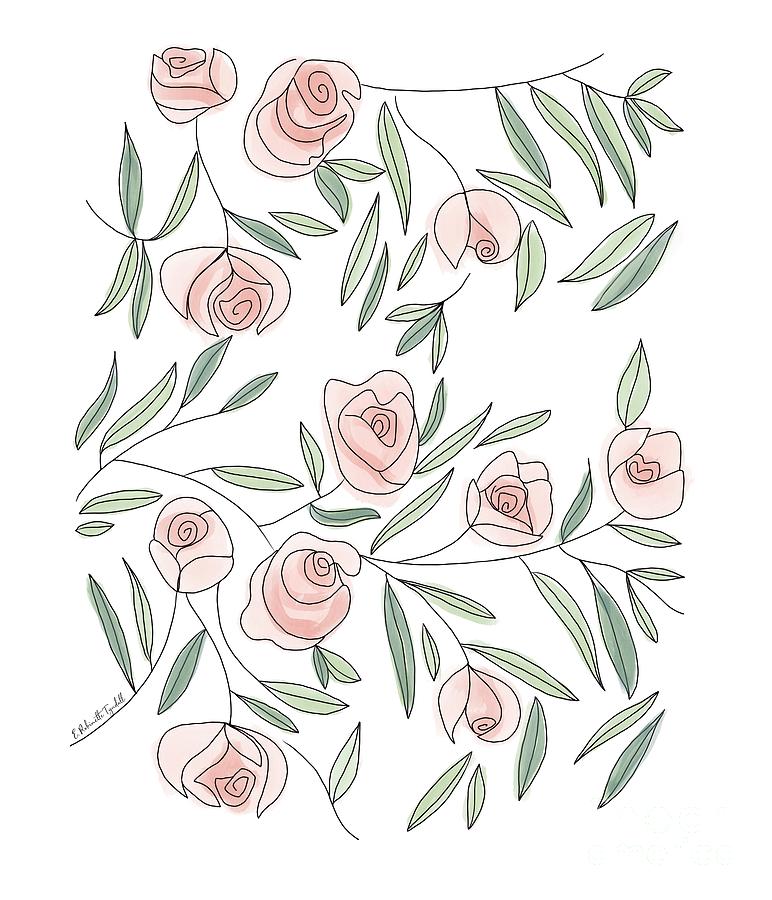 Floral Rose Line Art Painting by Elizabeth Robinette Tyndall