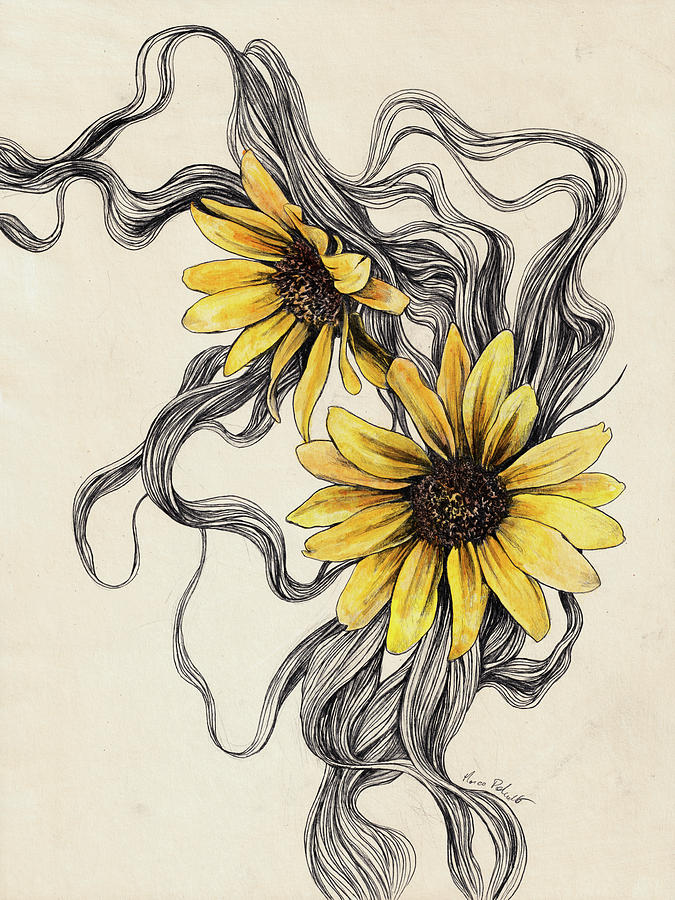 Flower Drawing - Floral Series - Small Sunflowers by Marco Paludet