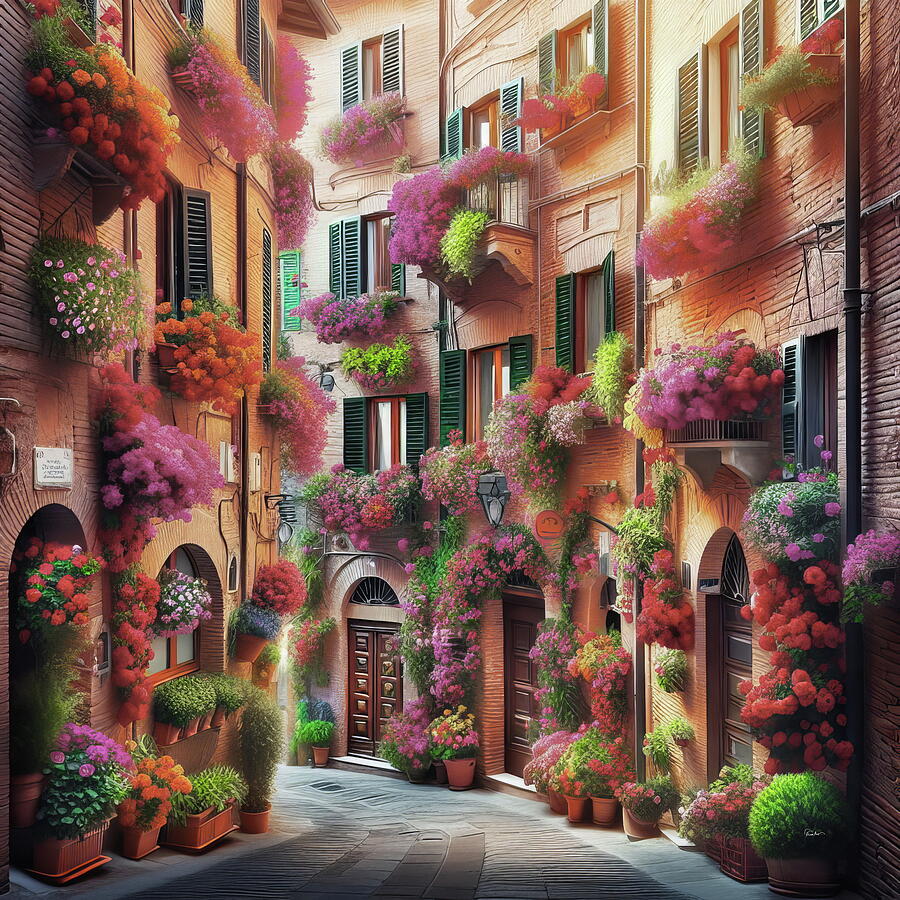 Floral Splendor - A Quiet Day in an Italian Hamlet Digital Art by Russ Harris