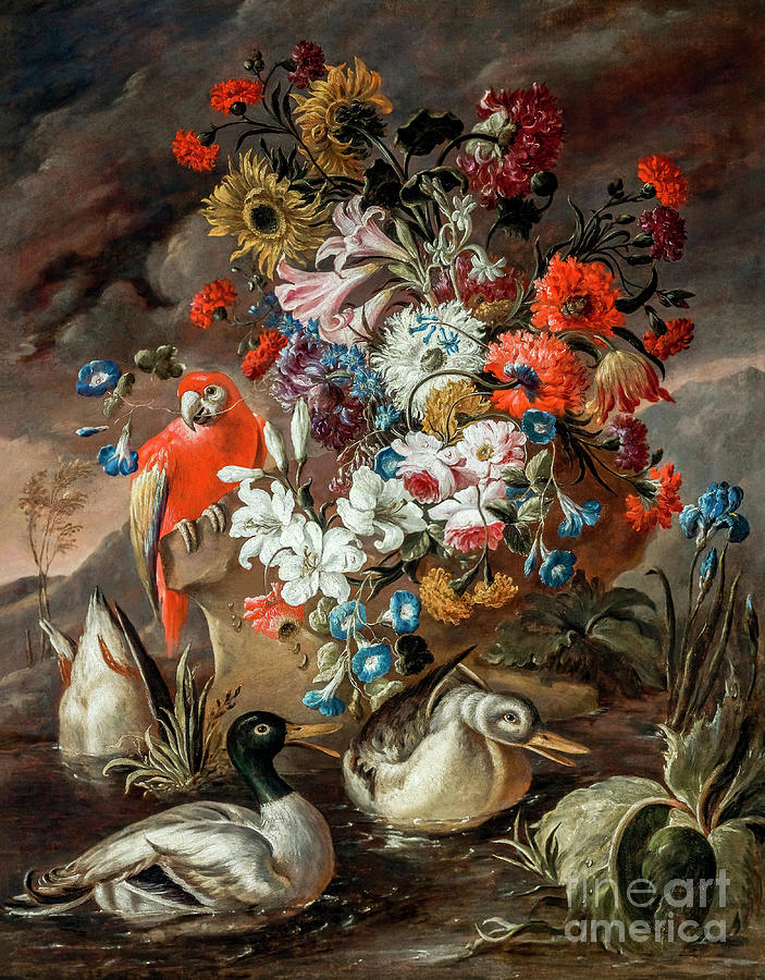 Floral Still Life With A Parrot And Ducks Photograph by Carlos Diaz