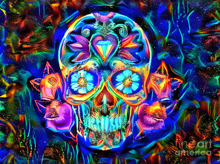 Floral Sugar Skull Blacklight Style Digital Art by Trindira A