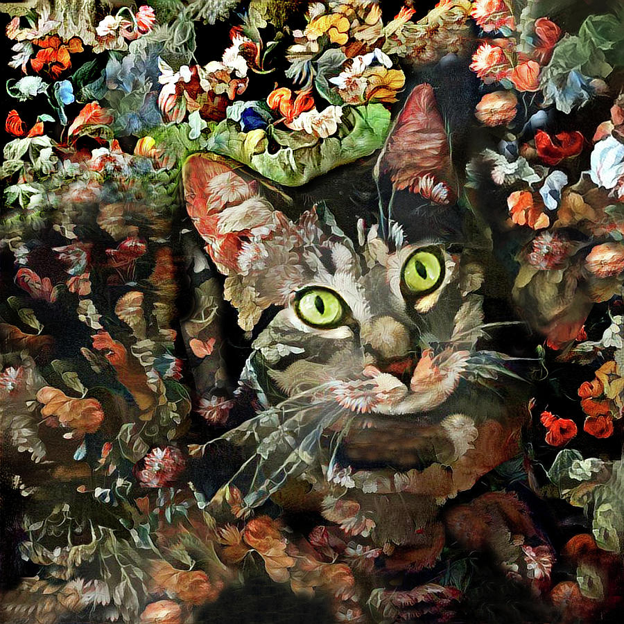 Floral Tabby Cat Digital Art by Peggy Collins