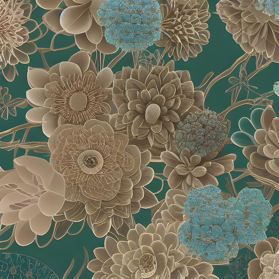Floral Teal and Taupe  Mixed Media by Bonnie Bruno