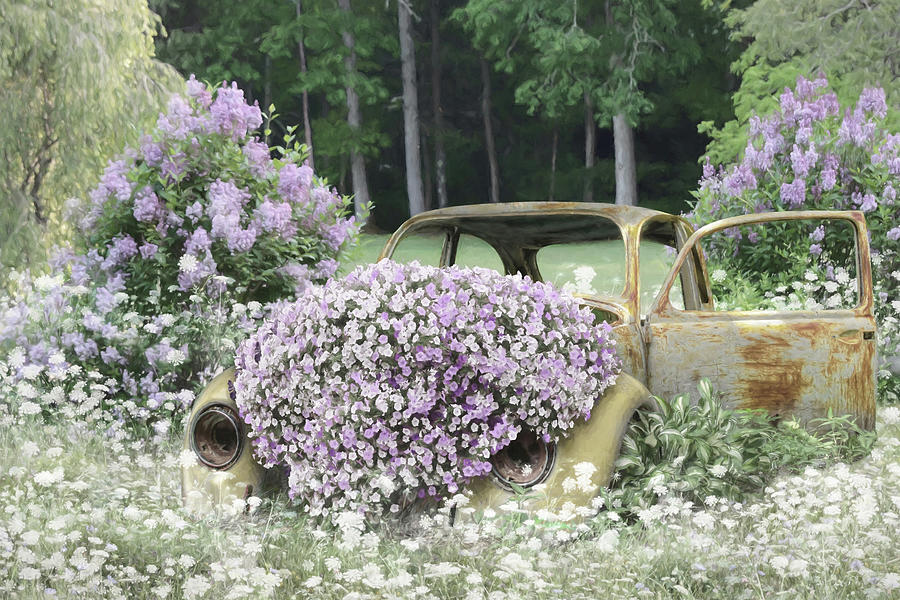 Floral Volkswagen Beetle Mixed Media by Lori Deiter