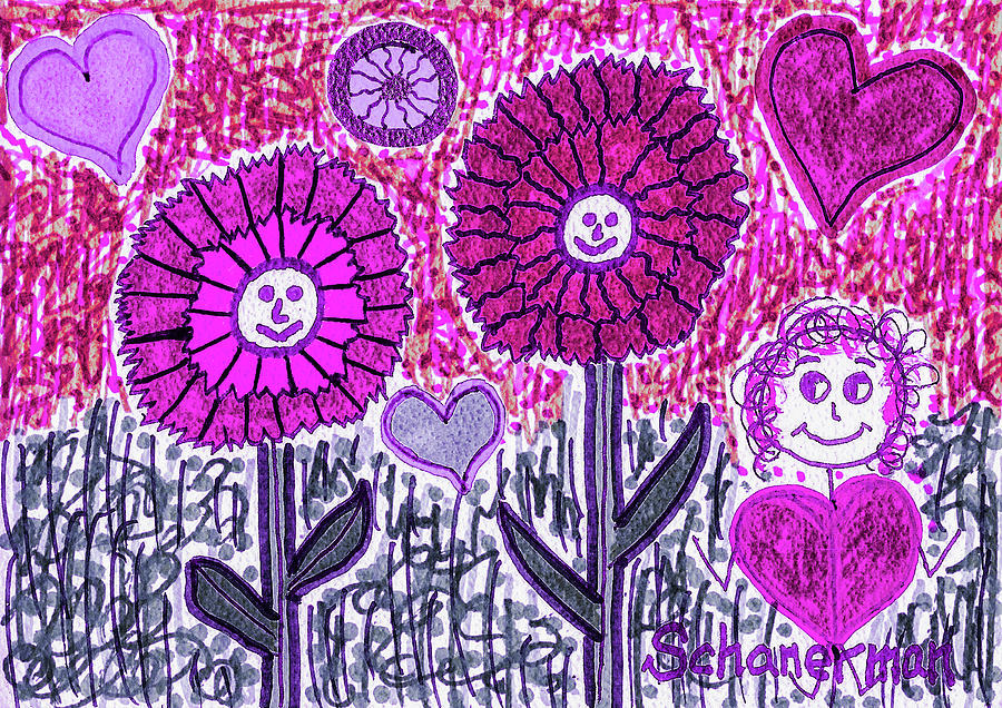 Floral Whimsy And Friend Drawing by Susan Schanerman