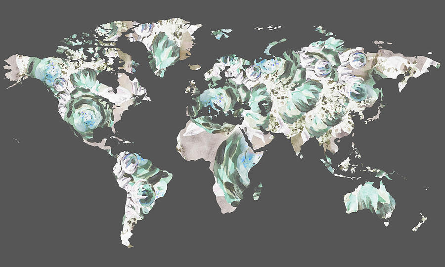 Floral World Map Silhouette On Gray Art  Painting by Irina Sztukowski