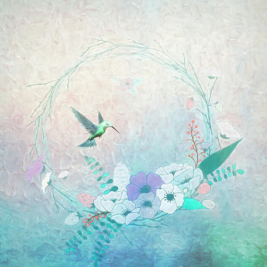 Floral Wreath and Hummingbird in Aqua Digital Art by Judy Vincent