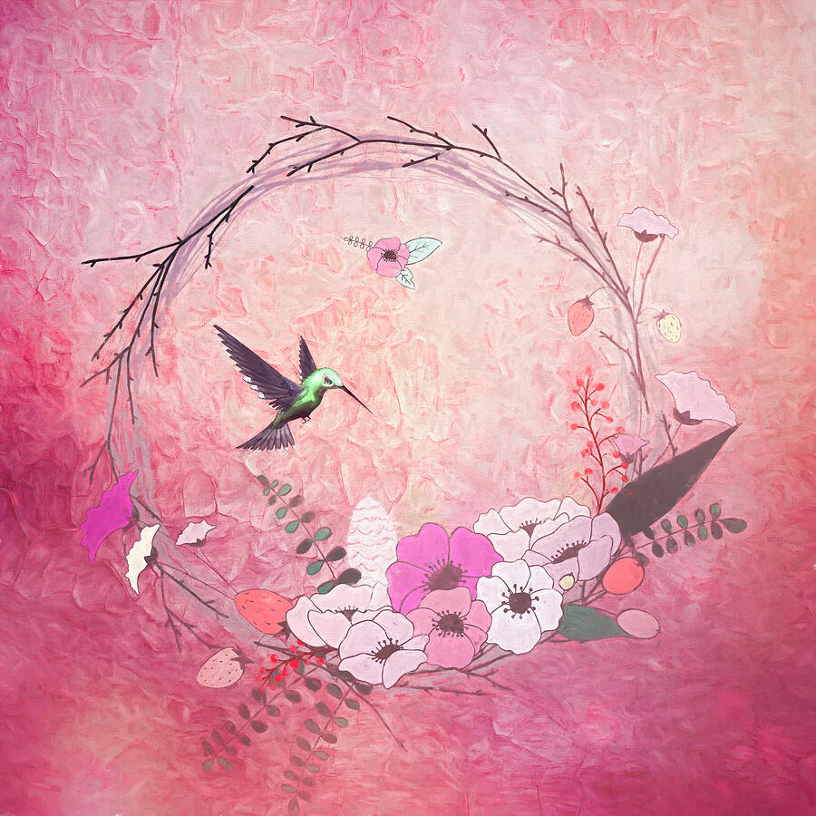 Floral Wreath and Hummingbird in Pink Digital Art by Judy Vincent
