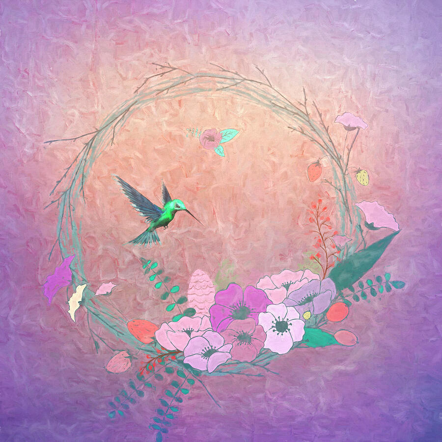Floral Wreath and Hummingbird in Purple Photograph by Judy Vincent