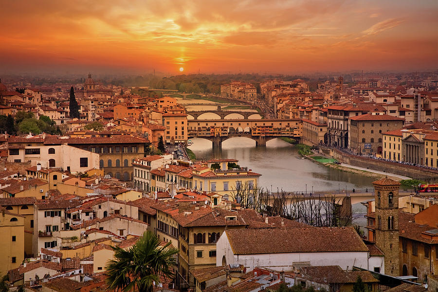 Florence Arno River Sunset Panorama Photograph by Lily Malor