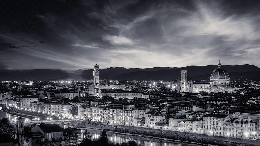 Florence BW - Sunrise view of Duomo and Giottos bell tower, Santa croce and palazzo signoria Photograph by Stefano Senise