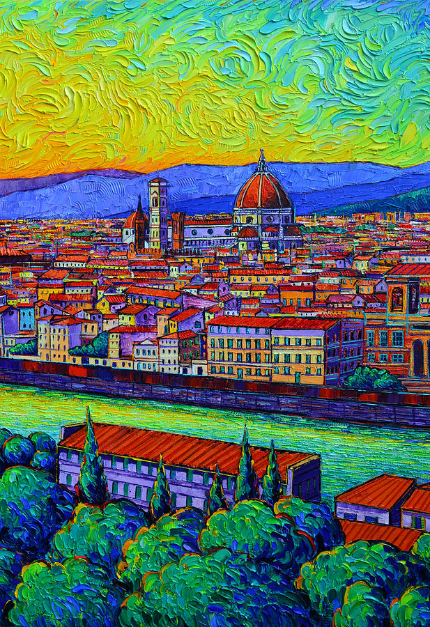FLORENCE DOME AND ROOFTOPS OVER ARNO textural impasto palette knife oil painting Ana Maria Edulescu Painting by Ana Maria Edulescu