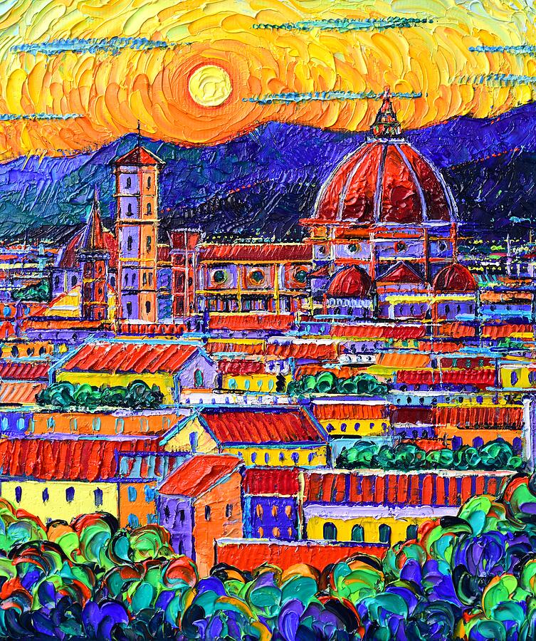 FLORENCE DUOMO AND ROOFTOPS AT SUNSET palette knife oil painting on 3D canvas Ana Maria Edulescu Painting by Ana Maria Edulescu