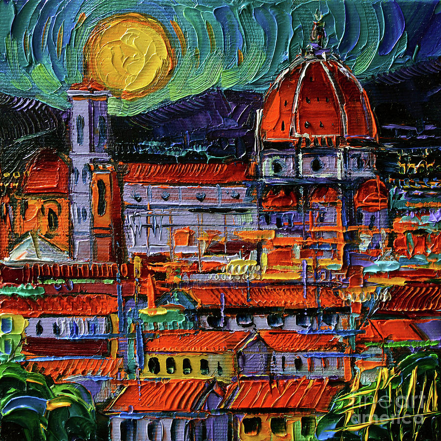 Abstract Painting - FLORENCE IN MOONLIGHT miniature textured palette knife oil painting Mona Edulesco by Mona Edulesco