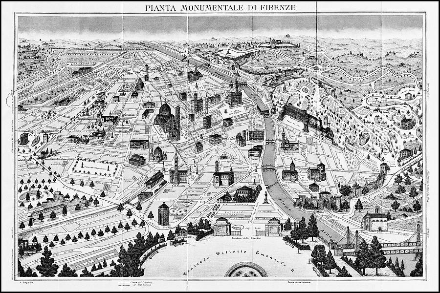 Florence Italy Vintage Pictorial Map 1890 Black and White  Photograph by Carol Japp