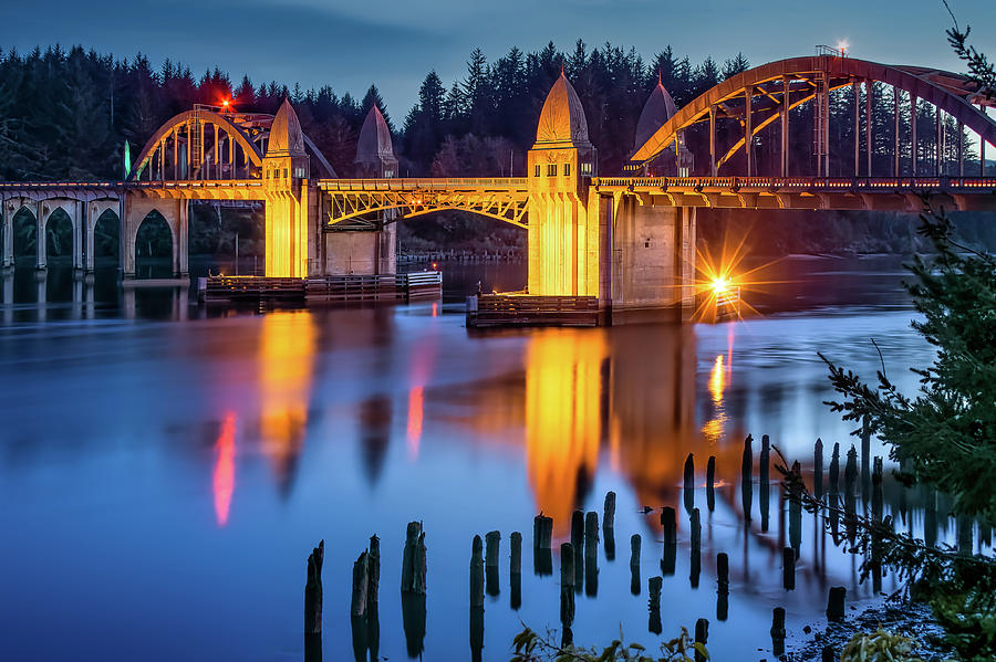 Florence Oregon Bridge Nightscape Siuslaw River Photograph by David ...