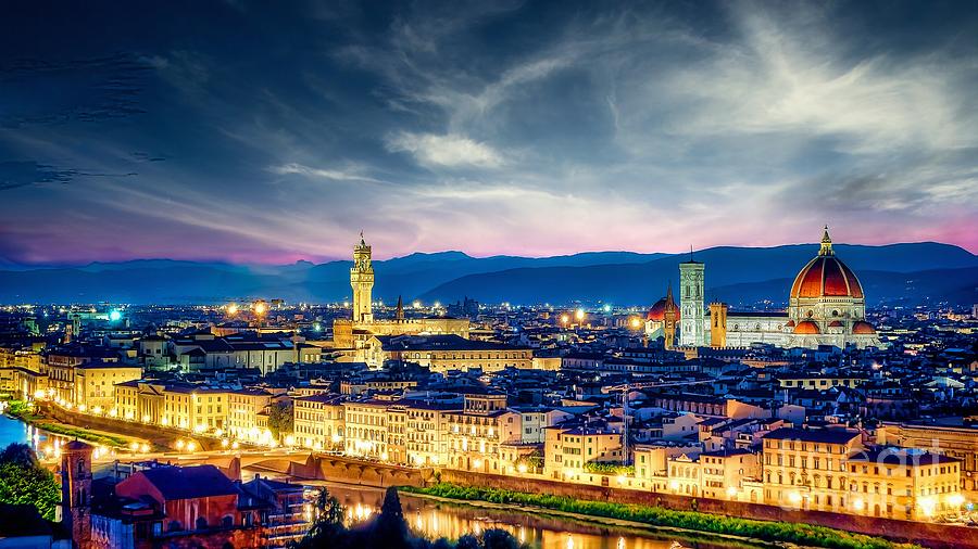 Florence - Sunrise view of Duomo and Giottos bell tower, Santa croce and palazzo signoria Photograph by Stefano Senise