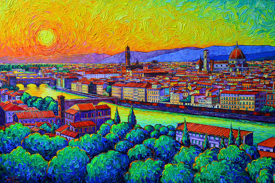 FLORENCE SUNSET GLOW FROM PIAZZALE MICHELANGELO commissioned oil painting Ana Maria Edulescu Painting by Ana Maria Edulescu