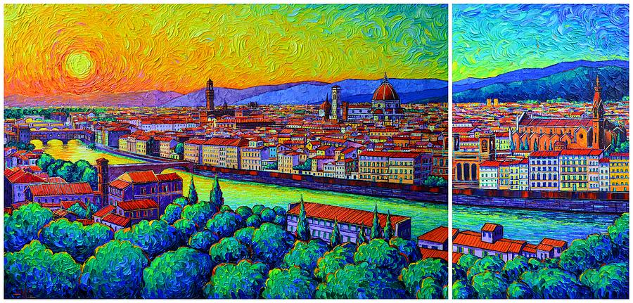 FLORENCE SUNSET VIEW FROM PIAZZALE MICHELANGELO commissioned impasto oil painting Ana Maria Edulescu Painting by Ana Maria Edulescu
