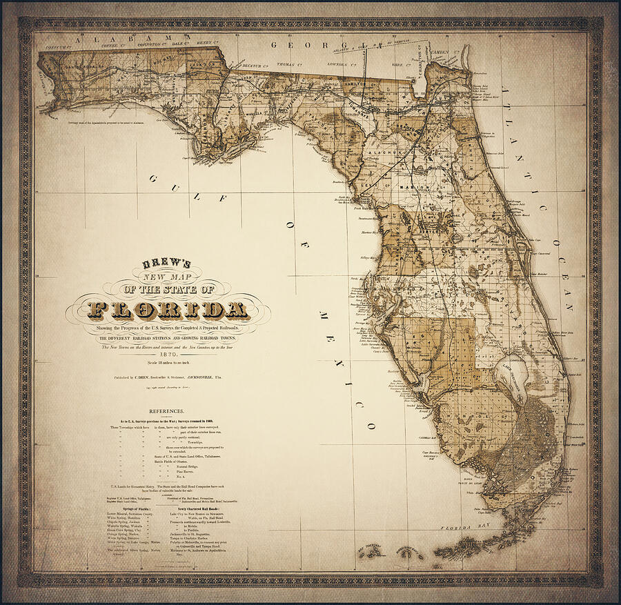 Florida Antique Vintage Map 1870 Sepia Photograph by Carol Japp - Fine ...