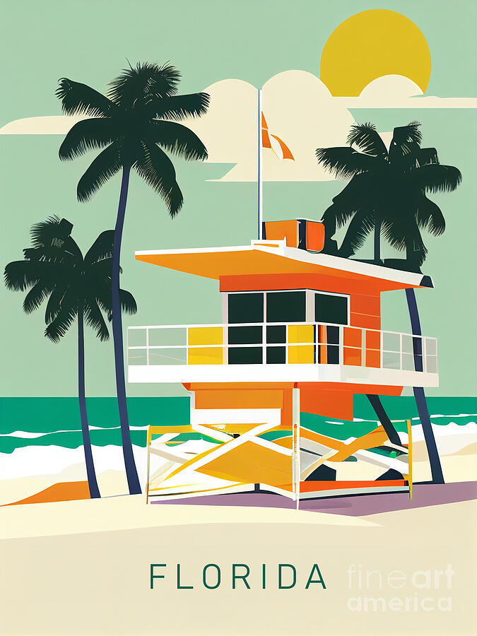 Florida, beach travel vintage poster Digital Art by Delphimages Photo Creations