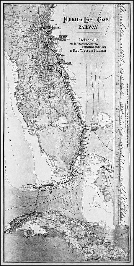 Florida East Coast Railway Vintage Map 1911 Black and White  Photograph by Carol Japp