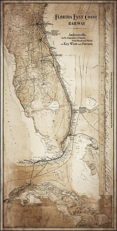 Florida East Coast Railway Vintage Map 1911 Sepia  Photograph by Carol Japp